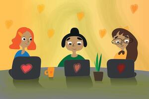 A vibrant illustration of three girls working together at a table, each immersed in their laptops with a warm, collaborative energy. vector
