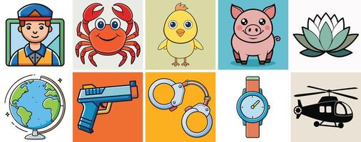 A Collection of Diverse and Colorful Cartoon Images Featuring Animals Objects and a Police Officer vector
