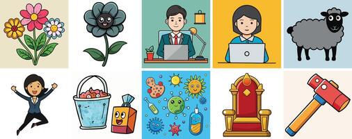 A Collection of Diverse and Whimsical Cartoon Illustrations Featuring Flowers People Animals and Objects vector