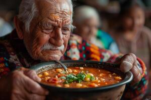 An elderly man is eating a bowl of soup photo