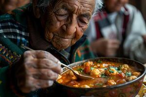 An elderly man is eating a bowl of soup photo