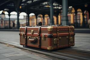 A brown suitcase sitting on a platform in front of a train station photo