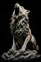 A statue of a wolf with its mouth open photo