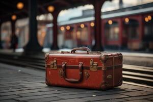 An old suitcase sitting on the ground near a train station photo