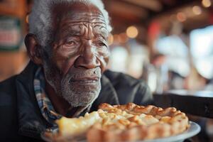An old man holding a plate of food photo