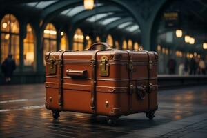 A brown suitcase sitting on a platform in front of a train station photo