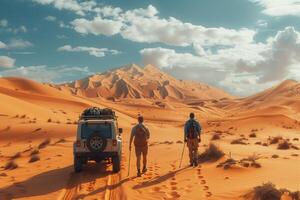 Two people walking in the desert with a car photo