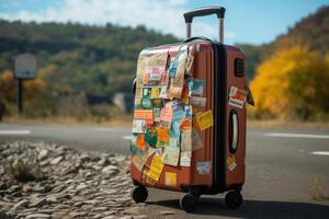 A suitcase with stickers on it sitting on the road photo