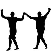 Two jubilant figures silhouetted in celebration united in camaraderie their arms raised in triumphant unity against a stark backdrop vector