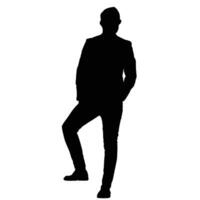 Silhouette of a person in a suit exuding confidence and a relaxed posture with one leg propped up Figure is facing away from viewer vector