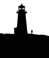 Silhouette of a lighthouse and a person standing on the rocks against a Coastal scene maritime theme beacon of light vector