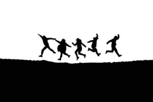 Silhouette of a group of people jumping over a surface against a backdrop expressing joy freedom and camaraderie through shared excitement vector