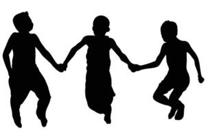 Silhouette of three children holding hands The monochrome image shows the three children together with a bright background vector