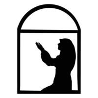 Silhouette of a woman in prayer within a window frame expressing faith and reverence vector