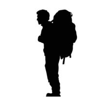 Silhouette of hiker carrying large backpack on outdoor adventure Minimalist design capturing exploration and wanderlust Striking simplicity in form vector