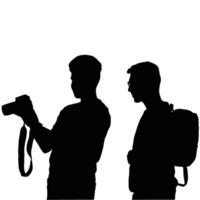 Silhouette of two people one taking a picture and the other with a backpack against a bright vector