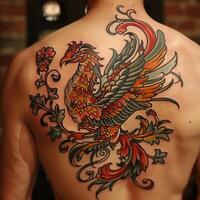 A man with a colorful tattoo on his back photo