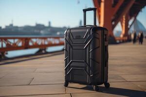 A black suitcase sitting on the ground near a bridge photo