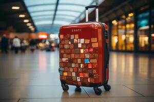 A suitcase with a colorful pattern on it photo