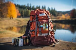 A backpack with a bottle of beer and other items photo