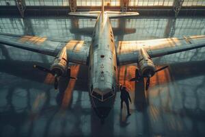An airplane sitting in an airport hangar photo