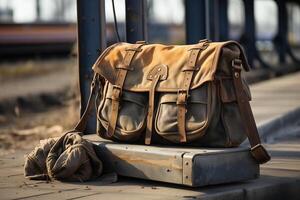 A brown leather bag sitting on top of a suitcase photo