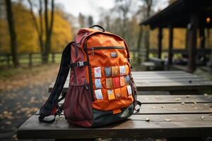A backpack with many different cards on it sitting on a bench photo