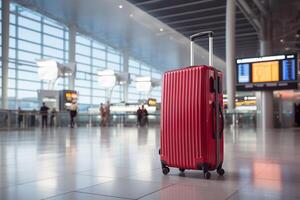 A red suitcase sitting on the floor in an airport photo