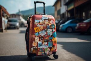 A suitcase with stickers on it sitting on the street photo