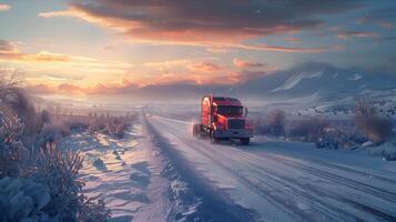 A red truck driving down a snowy road photo