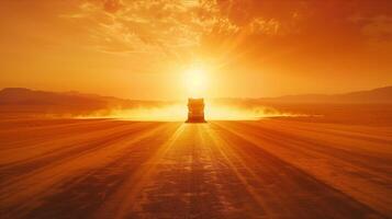 A truck is driving through the desert at sunset photo