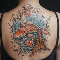 A woman with a tattoo of a fish and lotus flowers photo