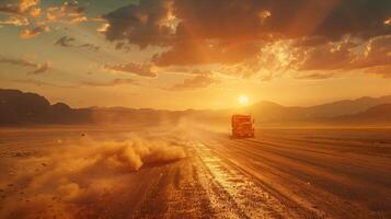 A truck driving on a desert road at sunset photo