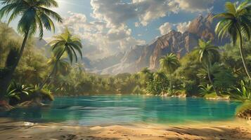 A tropical landscape with palm trees and water photo