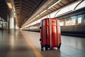 A red suitcase sitting on a tiled floor photo