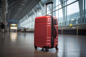 A red suitcase sitting on a trolley in an airport photo