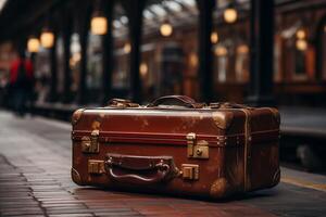 A brown suitcase sitting on the ground in front of a train station photo