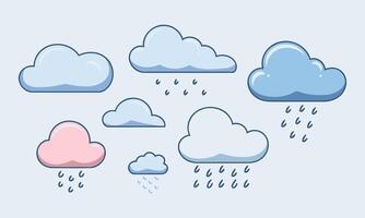 A collection of cartoon-style clouds in pastel blue and pink, with simple rain or snow falling from some. vector