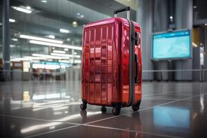 A red suitcase sitting on the floor in an airport photo