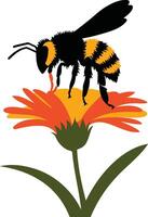 Flat Style Silhouetted bee collecting pollen from a flower vector