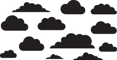 A set of various cloud shapes in solid black silhouette against a white background. vector