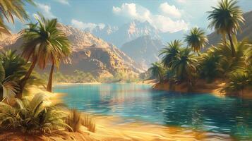 The desert landscape with palm trees and water photo