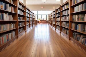 A long wooden hallway with bookshelves and a light photo