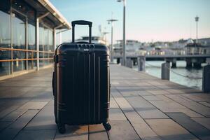 A black suitcase sitting on a sidewalk near a body of water photo
