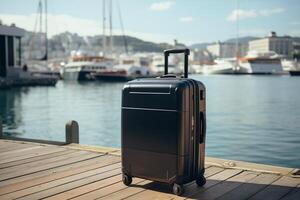 A black suitcase sitting on a dock near a body of water photo