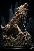 A statue of a wolf on a rock photo