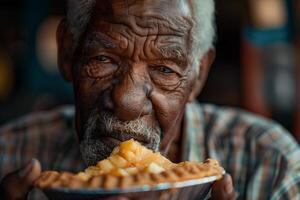 An old man eating a pie photo