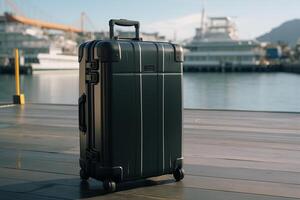 A black suitcase sitting on a dock near a body of water photo