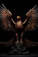 Golden eagle statue on black background photo