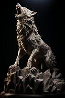 A statue of a wolf on a rock photo